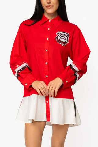 QOS Licensed Georgia Mascot Pocket Jersey Cotton Long Sleeve Ruffle Dress