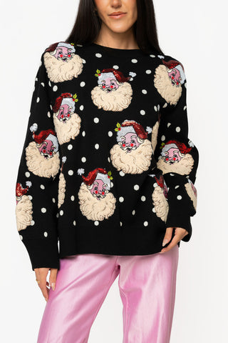 QOS Black & White Polka Dot Scattered Santa Sweater