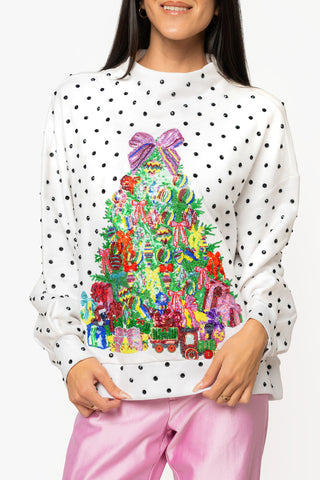 QOS White & Black Polka Dot Multi Christmas Tree Mockneck Sweatshirt