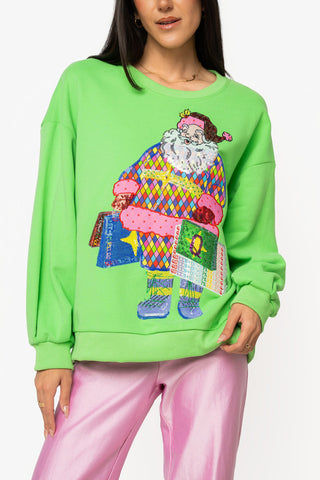 QOS Bright Green Colorful Shopping Santa Sweatshirt