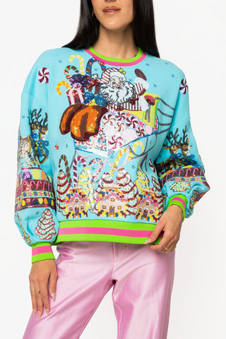 QOS Aqua Vintage Santa Gingerbread House Sweatshirt