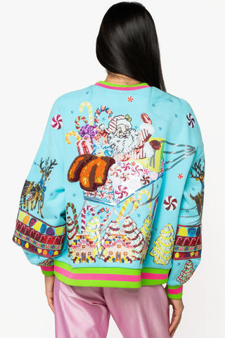 QOS Aqua Vintage Santa Gingerbread House Sweatshirt
