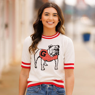 UGA Sequin Varsity Short Sleeve Sweater • White