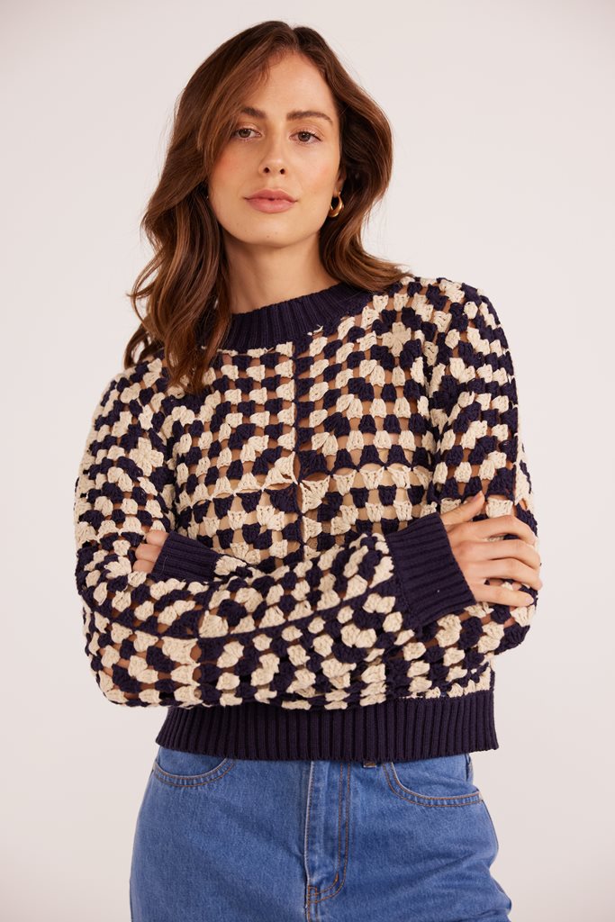 Meyer Crochet Knit Top • Navy + Cream