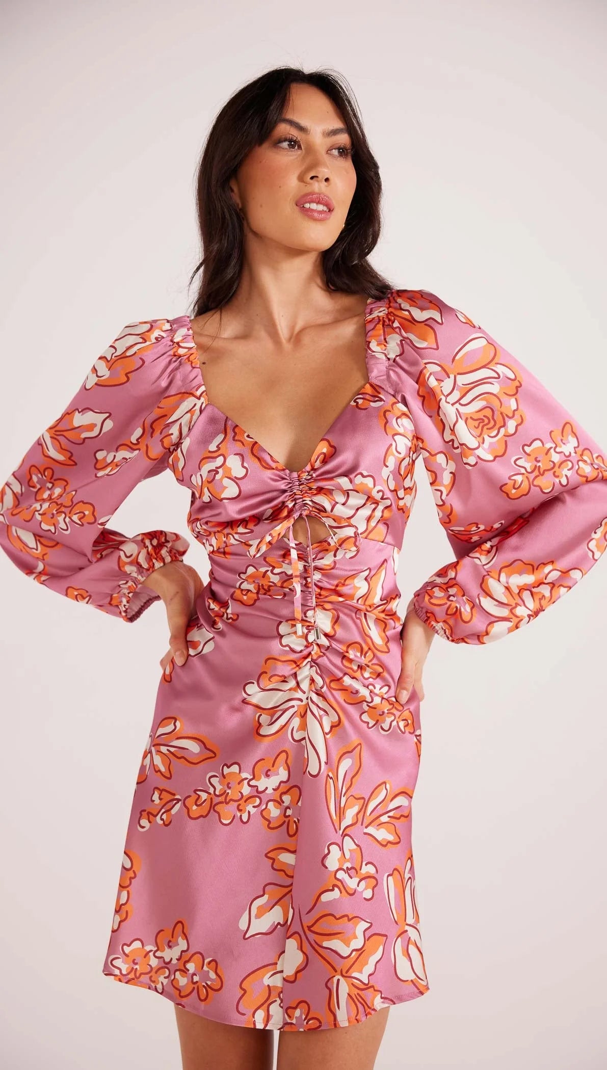 pink floral ruched mini dress Fiercely Floral Ruched Mini Dress