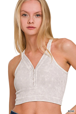 Teagan Washed Ribbed Buton V-Neck Tank • Bone