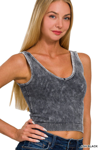 Gracelynn Washed V-Neck Tank w Padded Bra • Ash Black