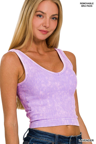 Gracelynn Washed V-Neck Tank w Padded Bra • Lavender