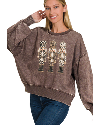 Nutcracker Graphic Acid Wash Fleece Pullover • Brown