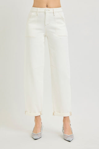Crystal High Rise Ankle Cuff Barrell Jeans • Cream