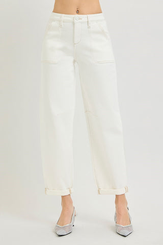 Crystal High Rise Ankle Cuff Barrell Jeans • Cream