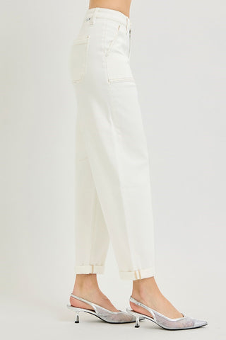Crystal High Rise Ankle Cuff Barrell Jeans • Cream