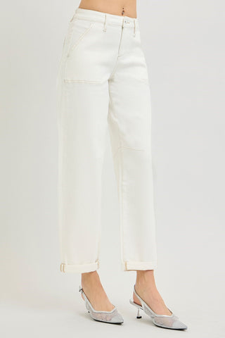 Crystal High Rise Ankle Cuff Barrell Jeans • Cream