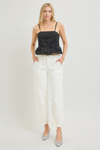 Crystal High Rise Ankle Cuff Barrell Jeans • Cream