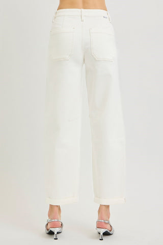 Crystal High Rise Ankle Cuff Barrell Jeans • Cream