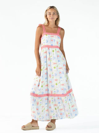 Coastal Tie Maxi Dress • White & Pink