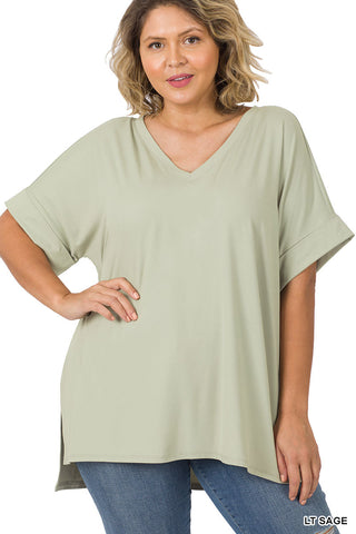 Rolled Short Sleeve V-Neck Top• Brushed