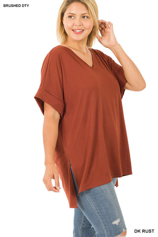 Rolled Short Sleeve V-Neck Top• Brushed