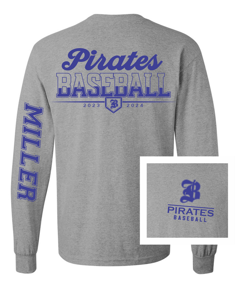 Pirate Baseball Fan Tee Long Sleeve •Sports Grey