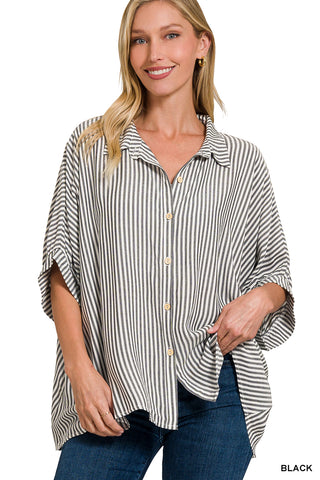 Rayon Striped Short Sleeve Button Up Shirt