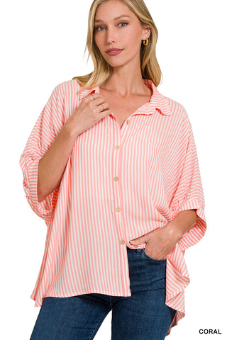 Giselle Striped Button Up Top • Coral