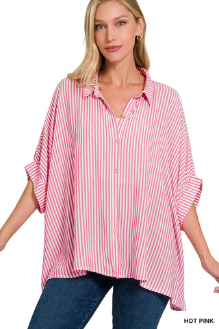 Giselle Striped Button Up Top • Hot Pink
