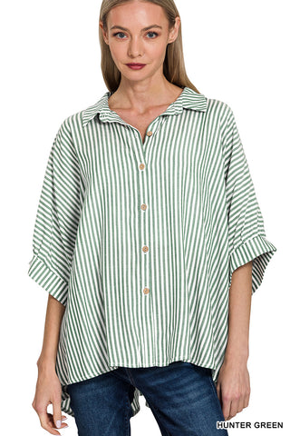 Rayon Striped Short Sleeve Button Up Shirt