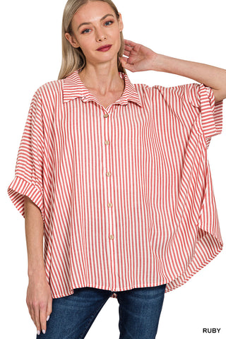 Rayon Striped Short Sleeve Button Up Shirt