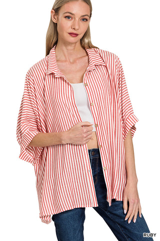 Rayon Striped Short Sleeve Button Up Shirt
