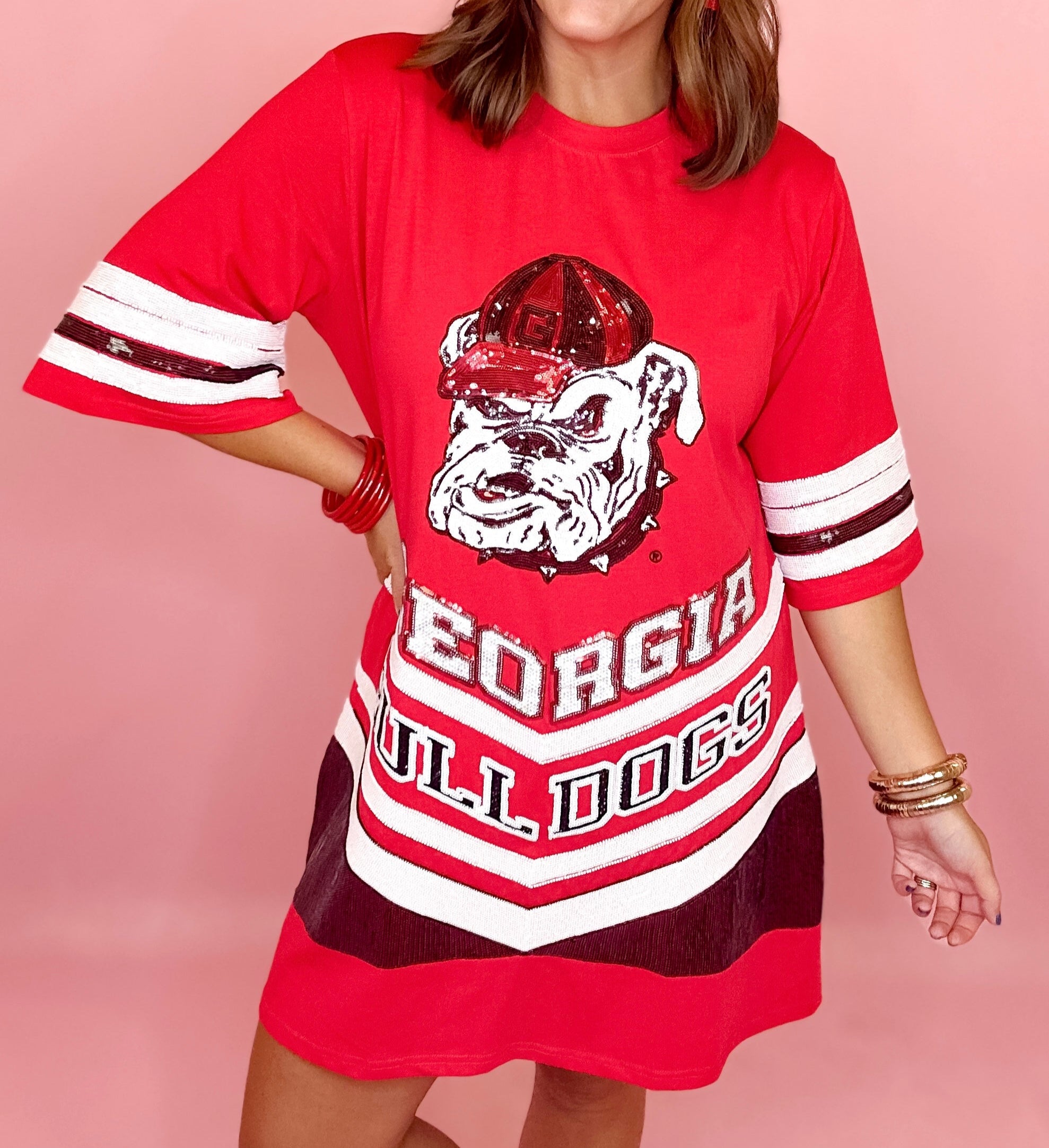 QOS Licensed UGA V Striped Oversized Tee Dress L