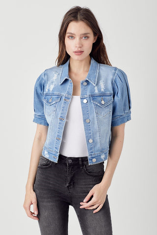Rowan Shirring Short Sleeve Crop Jacket • Light Wash