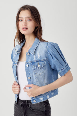 Rowan Shirring Short Sleeve Crop Jacket • Light Wash