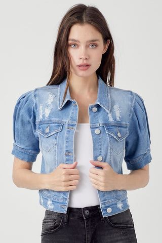 Rowan Shirring Short Sleeve Crop Jacket • Light Wash