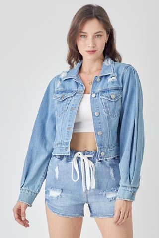 Reese Shirring Sleeve Crop Jacket • Medium Wash