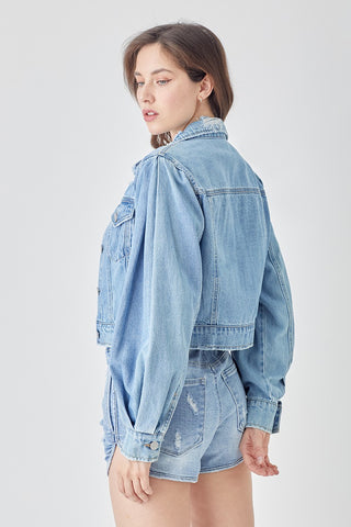 Reese Shirring Sleeve Crop Jacket • Medium Wash