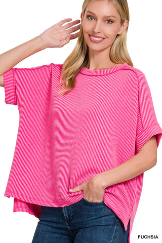 Gemma Ribbed Cuff Raw Edge Top • Fuchsia