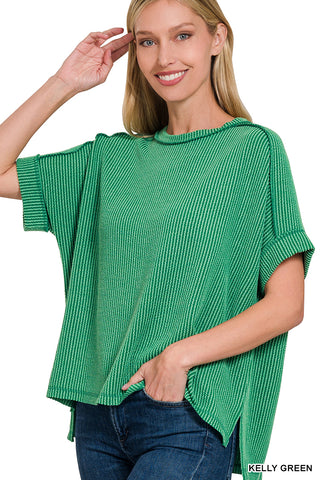 Gemma Ribbed Cuff Raw Edge Top • Kelly Green