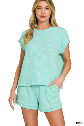Arya Ribbed Cap Sleeve Top & Shorts Set • Mint