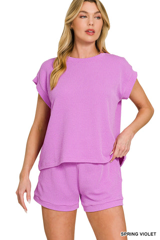 Arya Ribbed Cap Sleeve Top & Shorts Set • Spring Violet