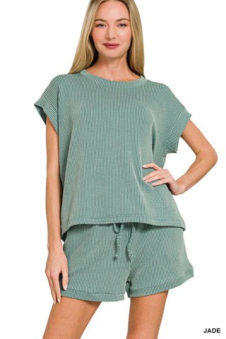 Arya Ribbed Cap Sleeve Top & Shorts Set • Jade