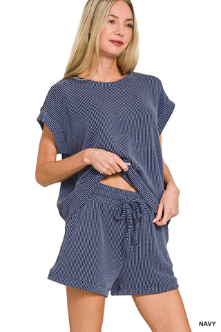 Arya Ribbed Cap Sleeve Top & Shorts Set • Navy