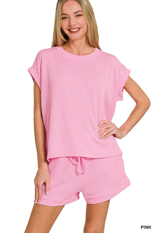 Arya Ribbed Cap Sleeve Top & Shorts Set • Pink