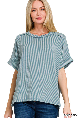 Gemma Ribbed Cuff Raw Edge Top • Blue Grey