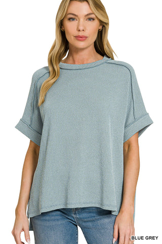 Gemma Ribbed Cuff Raw Edge Top • Blue Grey