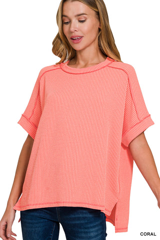 Gemma Ribbed Cuff Raw Edge Top • Coral