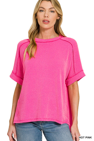 Gemma Ribbed Cuff Raw Edge Top • Hot Pink