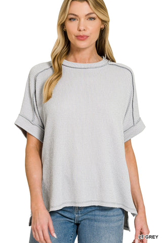 Gemma Ribbed Cuff Raw Edge Top • Light Grey