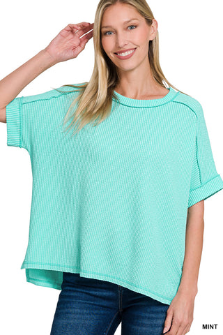 Gemma Ribbed Cuff Raw Edge Top • Mint