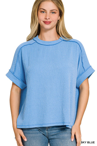 Gemma Ribbed Cuff Raw Edge Top • Sky Blue