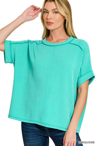 Gemma Ribbed Cuff Raw Edge Top • Turquoise